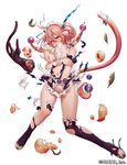  &gt;_&lt; ass_visible_through_thighs black_legwear blush braid breasts chloris_garden cleavage closed_eyes covered_nipples food fruit full_body headdress large_breasts monkey navel open_mouth peach pink_hair remana seiten_(chloris_garden) simple_background tail teeth thighhighs torn_clothes torn_legwear twin_braids white_background yellow_eyes 