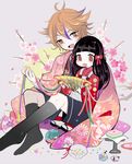  1girl bag black_hair black_legwear bow branch brown_eyes brown_hair cherry_blossoms fan fang folding_fan gotou_toushirou hair_bow haori hishimochi japanese_clothes kneehighs little_girl_saniwa_(touken_ranbu) multicolored_hair open_mouth petals saniwa_(touken_ranbu) sekimo sitting size_difference smile streaked_hair touken_ranbu 