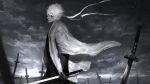  1boy cloud cloudy_sky diaodiao gintama headband highres holding holding_sword holding_weapon katana sakata_gintoki short_hair sky solo sunrise sword vambraces walking weapon white_hair white_headband 