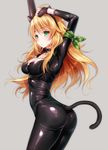  akira_(natsumemo) blonde_hair bodysuit breasts catsuit cleavage gloves green_eyes hoshii_miki idolmaster latex latex_suit long_hair shiny shiny_clothes skin_tight source_request tail zipper 