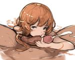  1girl bad_id bad_twitter_id blue_eyes cum ejaculation fellatio granblue_fantasy hanarito handjob hetero lecia_(granblue_fantasy) long_hair looking_at_viewer oral orange_hair partially_submerged penis solo_focus sucking_testicles water 