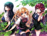  :d absurdres ahoge blonde_hair blue_eyes bow breasts fang grisaia_(series) grisaia_no_kajitsu hair_ribbon highres lips long_hair looking_at_viewer matsushima_michiru medium_breasts multiple_girls open_mouth purple_eyes purple_hair red_hair ribbon sakaki_yumiko scan school_uniform scrunchie shiny shiny_clothes shiny_hair smile suou_amane thighhighs tomose_shunsaku wrist_scrunchie 