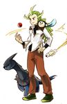  deino_(pokemon) geechisu_(pokemon) gen_5_pokemon green_hair hand_on_hip kurobis long_hair poke_ball poke_ball_(generic) pokemon pokemon_(creature) pokemon_(game) pokemon_bw ponytail simple_background standing tympole tynamo white_background younger 