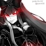  2016 bare_shoulders biting_hair black_bow black_hair bow breasts choker cointreau glowing glowing_eyes gothic_lolita hair_bow highres kantai_collection large_breasts lolita_fashion looking_at_viewer red_eyes seaplane_tender_hime shinkaisei-kan smile solo white_skin 