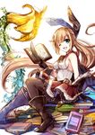  bare_arms bare_shoulders black_gloves black_legwear book boots brown_hair clarisse_(granblue_fantasy) fang gloves granblue_fantasy green_eyes hair_ribbon long_hair miyase_mahiro one_eye_closed open_mouth pantyhose pile plant ponytail ribbon shirt sitting skirt smile solo very_long_hair 