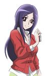 absurdres alternate_hairstyle arudebido cardigan cellphone collarbone eyelashes fresh_precure! higashi_setsuna highres holding holding_phone long_hair official_style older phone popped_collar precure purple_eyes purple_hair simple_background smile solo time_paradox white_background 