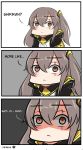  1girl 3koma abineko angry brown_eyes chibi comic commentary english_commentary english_text eyebrows_visible_through_hair girls_frontline glaring grey_hair highres looking_at_viewer scar scar_across_eye solo ump45_(girls_frontline) 