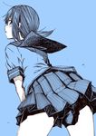  blue blue_background from_behind fubuki_(kantai_collection) kantai_collection kouji_(campus_life) leaning_forward looking_at_viewer looking_back low_ponytail monochrome pleated_skirt ponytail sailor_collar_lift school_uniform serafuku short_hair short_ponytail short_sleeves sketch skirt skirt_tug solo wind wind_lift 