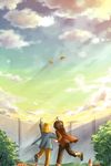  2boys armin_arlert blonde_hair blue_eyes boots bush child cloud clouds coat eren_yeager fence from_behind male_focus moxue_qianxi multiple_boys outdoors pants paper_airplane shingeki_no_kyojin short_hair sky 