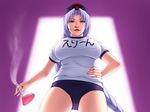  alternate_costume breasts character_name erlenmeyer_flask flask from_below gym_uniform large_breasts lips long_hair silver_hair solo touhou tripleeight yagokoro_eirin 