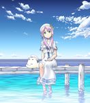  aria aria_pokoteng cat cloud day fumotono_mikoto green_eyes hair_tubes highres mizunashi_akari pier pink_hair short_hair_with_long_locks sidelocks sky smile solo water 