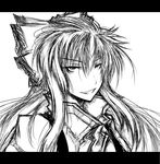  acryl bad_id bad_pixiv_id face fujiwara_no_mokou greyscale grin hair_ribbon highres long_hair monochrome ribbon smile solo suspenders touhou 