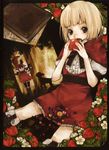  apple bad_id bad_pixiv_id bangs belt black_eyes blonde_hair blunt_bangs book boots capelet covering_mouth doll dress flower food frills fruit grimm's_fairy_tales holding holding_food holding_fruit katou_sami little_red_riding_hood little_red_riding_hood_(grimm) red red_capelet ribbon sheep short_hair short_sleeves sitting solo strawberry strawberry_blossoms 