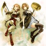  angela_(harvest_moon) boots brown_eyes brown_hair dress gloves hammer harvest_moon harvest_moon_animal_parade harvest_moon_tree_of_tranquility legs lips lolita_fashion lying molly_(harvest_moon) multiple_girls ribbon routemoc short_hair sickle thighhighs 