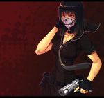  balaclava black_hair breasts cleavage fingerless_gloves gloves gun handgun mask medium_breasts necktie original pistol skull solo weapon yuuji_(and) 