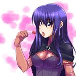  bad_id bad_pixiv_id breasts candy cape covered_nipples elbow_gloves food gloves lollipop long_hair malariya medium_breasts purple_eyes purple_hair quiz_magic_academy saliva shiden_(sashimi_no_wife) solo 