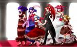  bad_id bad_pixiv_id blonde_hair blue_hair dress elbow_gloves formal gloves hat high_heels highres hong_meiling miatsushi moriya_suwako multiple_girls nagae_iku onozuka_komachi pant_suit purple_hair red_eyes red_hair remilia_scarlet shoes suit tiara touhou wallpaper wedding_dress yasaka_kanako 