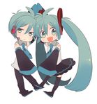  1girl amezawa_koma aqua_eyes aqua_hair bad_id bad_pixiv_id chibi detached_sleeves genderswap genderswap_(ftm) hatsune_miku hatsune_mikuo long_hair necktie simple_background skirt sleeves_past_wrists smile thighhighs twintails vocaloid 