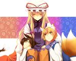  animal_ears bad_id bad_pixiv_id blonde_hair brown_hair cat_ears cat_tail chen embarrassed family fox_ears fox_tail happy hat long_hair multiple_girls multiple_tails no_hat no_headwear petting short_hair tail touhou tsuchifumazu yakumo_ran yakumo_yukari yellow_eyes 