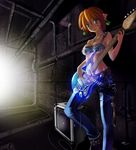  beek belt denim earrings elf guitar highres instrument jeans jewelry mabinogi midriff necklace orange_hair pants pointy_ears short_hair solo tattoo tunnel 