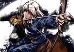  aiming arrow blood blue_eyes bow_(weapon) drawing_bow holding holding_arrow holding_bow_(weapon) holding_weapon injury kouzilow long_hair mouth_hold outstretched_arm silver_hair solo touhou weapon yagokoro_eirin 