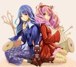  blue_eyes blue_hair boots braid bunny candace_(harvest_moon) cardigan dress drill_hair fashion fishnet_pantyhose fishnets flower hair_flower hair_ornament harvest_moon harvest_moon_animal_parade harvest_moon_tree_of_tranquility loafers lolita_fashion luna_(harvest_moon) multiple_girls needle pantyhose pincushion pink_hair routemoc scissors shoes siblings sisters sitting skirt socks spool thread 