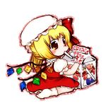  aoi_mitsuru chibi drink drinking_straw flandre_scarlet hat kneeling milk_carton multiple_girls onozuka_komachi socks touhou wings 