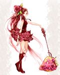  boots food food_themed_clothes fork fruit legs long_hair original personification red_eyes red_hair routemoc solo strawberry very_long_hair 