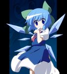  blue_eyes blue_hair cirno dress food hair_ribbon oka_(bananashoe) popsicle ribbon solo touhou zoom_layer 