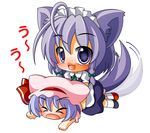  &gt;_&lt; :3 ahoge animal_ears apron bad_id bad_pixiv_id blue_eyes bow braid chibi closed_eyes dog_ears dog_tail hairband hat izayoi_sakuya kemonomimi_mode maid multiple_girls open_mouth purple_hair remilia_scarlet shinjitsu short_hair smile tail tail_wagging touhou twin_braids wings wolf_ears wolf_tail 