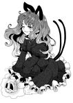  :3 alternate_hairstyle animal_ears banned_artist cat_ears cat_tail extra_ears greyscale kaenbyou_rin long_hair monochrome multiple_tails okoge_senbei pointy_ears skull solo tail touhou wavy_hair 