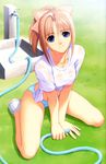  absurdres after between_thighs bikini_bottom blonde_hair bow breasts cleavage hair_bow highres hose medium_breasts no_pants panties scan see-through shiomiya_kanami shirt sitting smile solo t-shirt tanaka_takayuki tied_shirt underwear v_arms wariza wet wet_clothes wet_shirt wet_t-shirt 