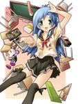  absurdres black_legwear blue_hair blush bomberman highres kantoku long_hair original skirt solo thighhighs 