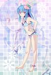  alternate_hairstyle anklet bad_id bad_pixiv_id barefoot bikini blue_hair feet food fruit hinanawi_tenshi jewelry long_hair peach ponytail red_eyes solo swimsuit touhou yuuyuu_(yuko) zoom_layer 