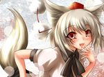  animal_ears blush cosplay hat highres inubashiri_momiji leaning_forward looking_at_viewer open_mouth red_eyes remyu shameimaru_aya shameimaru_aya_(cosplay) short_hair silver_hair smile solo tail tokin_hat touhou wolf_ears wolf_tail 