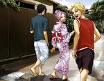  2boys haruno_sakura japanese_clothes kimono lily_(artist) multiple_boys naruto naruto_(series) sandals team7 uchiha_sasuke uzumaki_naruto 