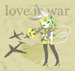  adoone aircraft airplane b-52_stratofortress bad_id bad_pixiv_id blonde_hair blue_eyes chibi gloves hair_ornament hairclip headphones high_heels kagamine_rin koi_wa_sensou_(vocaloid) legwear_under_shorts megaphone pantyhose shoes short_hair shorts solo vocaloid 