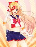  aino_minako back_bow bad_id bad_pixiv_id bishoujo_senshi_sailor_moon blonde_hair blue_sailor_collar bow choker elbow_gloves gloves hair_ribbon holding katou_sami legs long_hair magical_girl mask midriff navel one_eye_closed open_mouth red_bow ribbon sailor_collar sailor_senshi_uniform sailor_v school_uniform serafuku short_sleeves skirt smile solo star white_gloves 