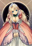  absurdres arcana blonde_hair blue_eyes blush breast_squeeze breasts cleavage dress frills harp_(arcana) head_tilt highres large_breasts leaning_forward long_hair non-web_source smile solo tanaka_takayuki tiara very_long_hair 