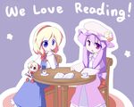  :&gt; alice_margatroid blonde_hair blue_eyes book crescent cup doll english food hairband hat miyo_(miyomiyo01) multiple_girls patchouli_knowledge pocky purple_eyes purple_hair red_eyes shanghai_doll sitting star teacup touhou 