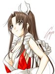  breasts brown_eyes brown_hair cleavage fatal_fury large_breasts long_hair ponytail shiranui_mai signature simple_background smile solo soyosoyo the_king_of_fighters 