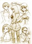  3girls alternate_costume bad_id bad_pixiv_id breasts brown carlos_oliveira chris_redfield cleavage corset graphite_(medium) hood jill_valentine large_breasts monochrome multiple_boys multiple_girls rakuto_mangan rebecca_chambers resident_evil sheva_alomar short_hair sketch thighhighs traditional_media vest zettai_ryouiki 