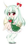  :3 blush chibi ex-keine green_hair highres horns kamishirasawa_keine long_hair moon nanana_(chicken_union) red_eyes ribbon smile solo tail tail_stand touhou 