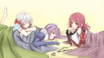  bad_id bad_pixiv_id brown_eyes cheria_barnes lying multicolored_hair multiple_girls pascal pink_hair purple_eyes purple_hair red_hair sophie_(tales) tales_of_(series) tales_of_graces toa_kaname two-tone_hair white_hair yellow_background 