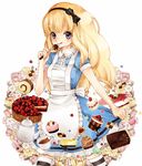  :q alice_(wonderland) alice_in_wonderland apron bad_id bad_pixiv_id black_tea blonde_hair cake checkerboard_cookie chocolate coffee cookie cup curly_hair daisy dress flower food fork frills fruit hairband katou_sami long_hair macaron mont_blanc_(food) pastry purple_eyes ribbon rose short_sleeves solo strawberry strawberry_shortcake striped striped_legwear tea teacup thighhighs tongue tongue_out 