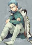  akke bad_id bad_pixiv_id blue_eyes blue_hair glasses grey_background hubert_ozwell jacket male_focus sitting solo tales_of_(series) tales_of_graces 