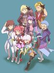  4boys \m/ asbel_lhant bad_id bad_pixiv_id banana blonde_hair blue_background blue_hair blue_shirt brown_hair cheria_barnes food fruit holding holding_food holding_fruit hubert_ozwell malik_caesars multicolored_hair multiple_boys multiple_girls pascal pink_hair purple_hair purple_skirt red_hair richard_(tales) sekigawa shirt skirt sophie_(tales) tales_of_(series) tales_of_graces thighhighs two-tone_hair two_side_up white_hair 