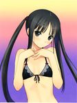  absurdres black_bra black_eyes black_hair bow bow_bra bra fault!! flat_chest front-tie_top frown head_tilt highres lingerie long_hair solo sugiyama_mio tanaka_takayuki twintails underwear 