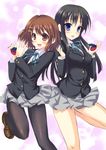  akiyama_mio black_hair bow brown_eyes brown_hair castanets hair_ornament hairclip highres hirasawa_yui instrument k-on! kamishiro_ryuu long_hair multiple_girls pantyhose school_uniform un_tan 