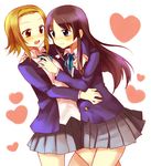  akiyama_mio black_eyes black_hair blush brown_eyes brown_hair commentary_request hachiko_(hati12) hairband heart hime_cut k-on! leg_between_thighs long_hair multiple_girls school_uniform short_hair tainaka_ritsu 